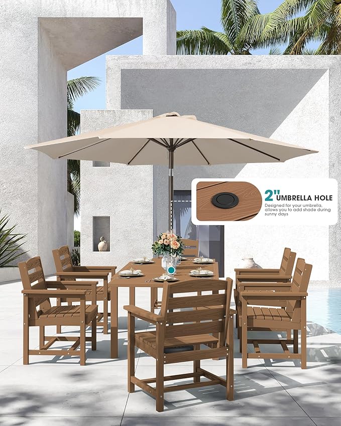 SERWALL 9-Piece Outdoor Dining Set, 60" - 83" Expandable Outdoor Dining Table and 8 HDPE Chairs, All Weather HDPE Outdoor Furniture Set for Backyard, Garden, Brown