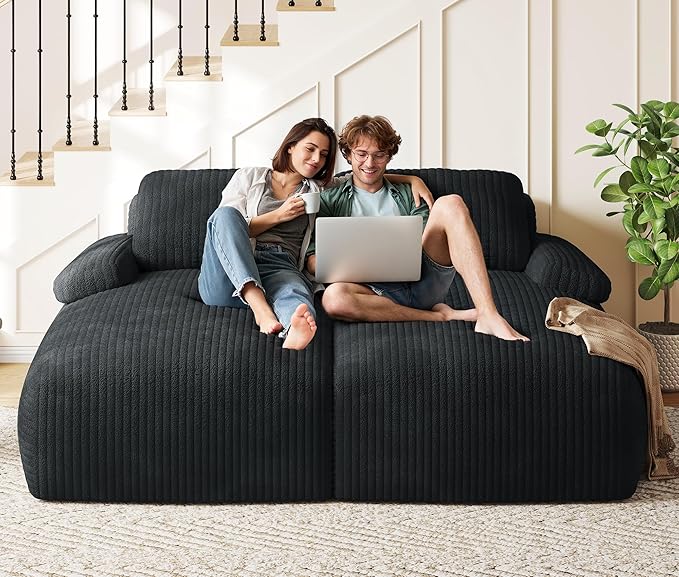YITAHOME 80" Oversized Double Chaise Lounge, Upholstered Cloud Sofa with Deep Seat & 2 Pillows, Corduroy Loveseat Sleeper Couch with Thick-Density Foam for Living Room, Home Office, No Assembly, Black