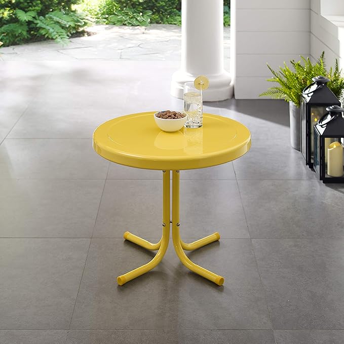 Crosley Furniture Griffith Weather Resistant Retro Metal Outdoor Side Table for Patio, Deck, Porch, Yellow