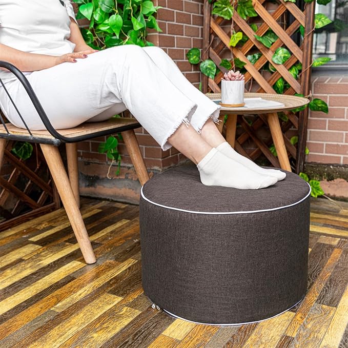 Asuprui Outdoor Indoor Foam Stuffed Ottoman Waterproof Round Ottoman Footrest Stool Diameter 20x Height 12 Inches Boho Foot Rest for Patio Living Room Porch Outdoor Seating Garden Camping Dark Coffee