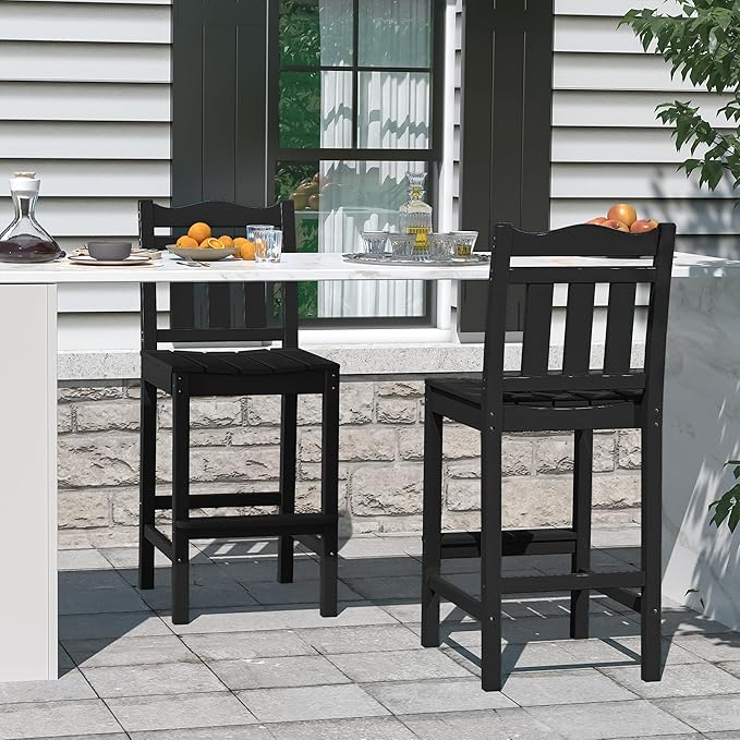 nalone Outdoor Bar Stools Set of 2, HDPE 44 Inch Tall Adirondack Chairs Bar Chairs, Weather Resistance Bar Height Chair for Balcony, Garden, Yard, Backyard (Black, Bar Chairs Set of 2)