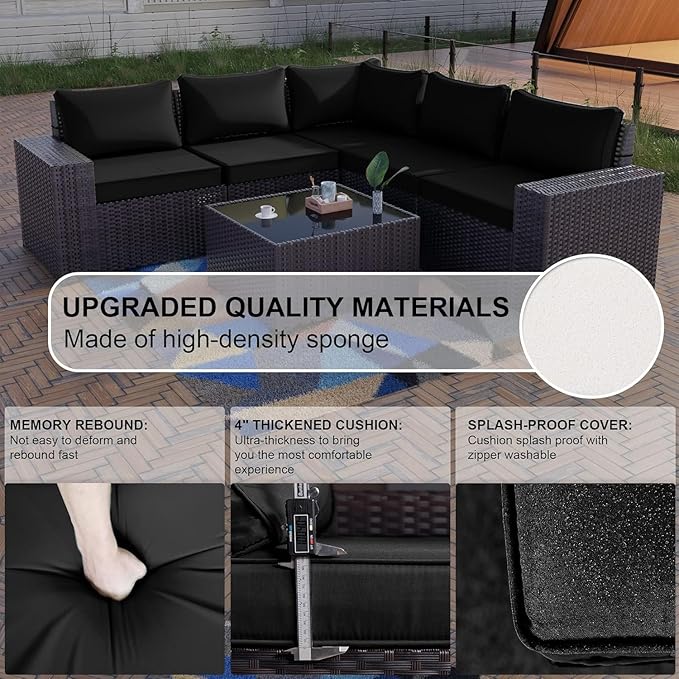 Kullavik Outdoor Patio Furniture Set,12 Pieces Sectional Rattan Sofa Set Brown PE Rattan Wicker Patio Conversation Set with 10 Seat Cushions and 2 Tempered Glass Coffee Table,Black