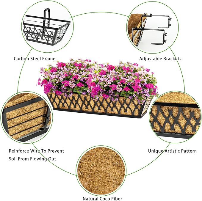 6 Pack 30 Inch Window Boxes Planters Railing Planter Box with Adjustable Brackets for Porch Fence Patio Balcony Hanging Flower Baskets with Coco Liners for Outdoor Garden Decor - Black