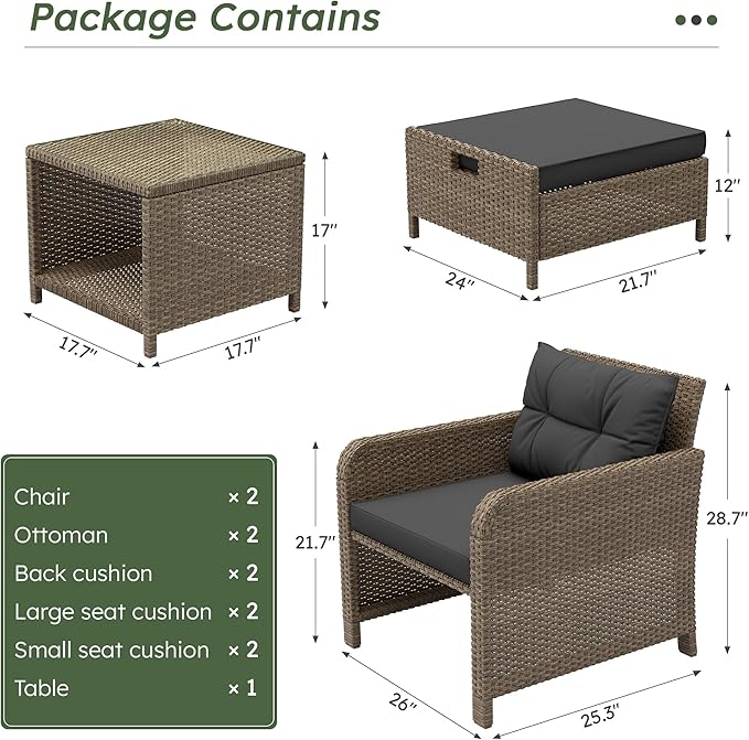 LHBcraft Balcony Furniture 5 Piece Wicker Patio Furniture Set, Outdoor Hand-Woven Rattan Lounge Chairs with Tempered Glass Coffee Table, Ottomans & Soft Cushions for Front Porch, Garden, Black