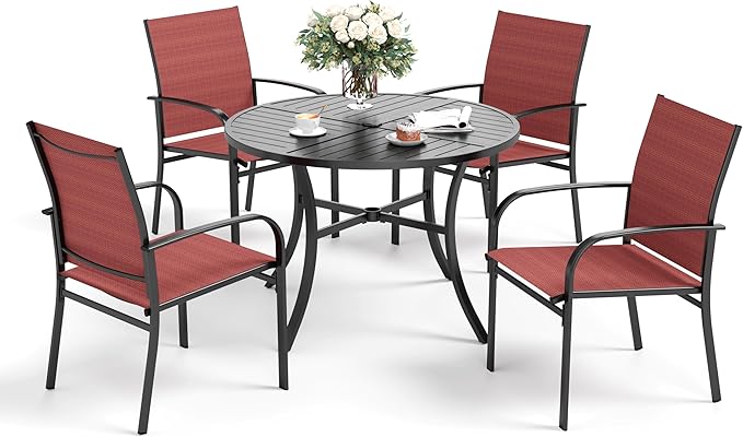 5 Piece Patio Dining Set for 4, 42" x 42" Round Metal Table with Umbrella Hole and 4 Red Chairs, Outdoor Table and Chairs Set for Lawn Backyard and Deck