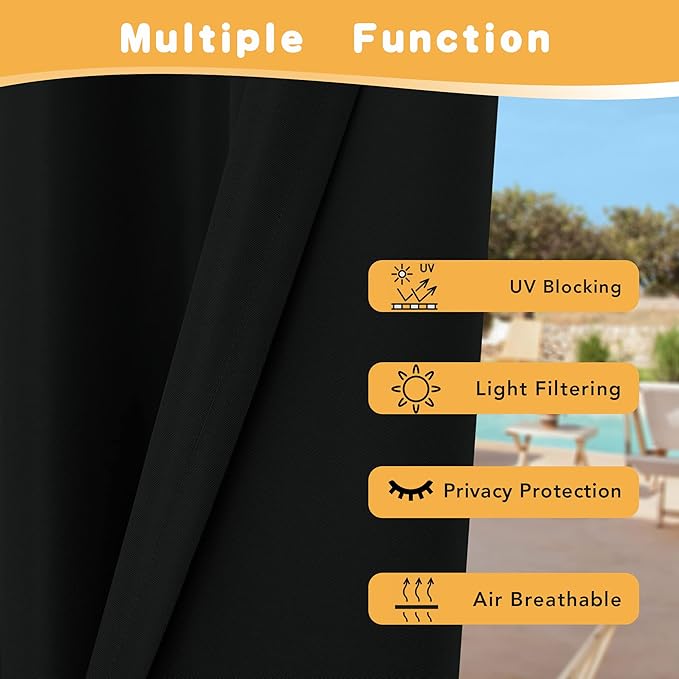 HolidayIdeas Outdoor Curtains for Patio Waterproof, 2 Panels - 84 x 95 Inch - Privacy Protection & Light Filtering Curtains Grommet Outside Curtains for Porch, Gazebo, Pergola, Backyard (Black)