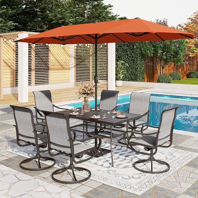 PHI VILLA 8 Piece Patio Dining Set with 13ft Patio Umbrella (Orange Red), 6 Outdoor Swivel Dining Chairs & 1 Large Metal Dining Table with 1.57" Umbrella Hole, for Deck Lawn Garden