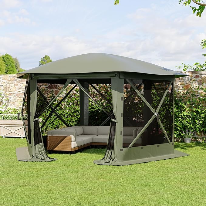 13x13FT 6-Sided Pop Up Gazebo Tent，One-Push Setup Canopy Tent with Removable Canopy Top & Wind Cloths, Outdoor shelter for Camping, Backyard Parties, Outdoor Events - Army Green