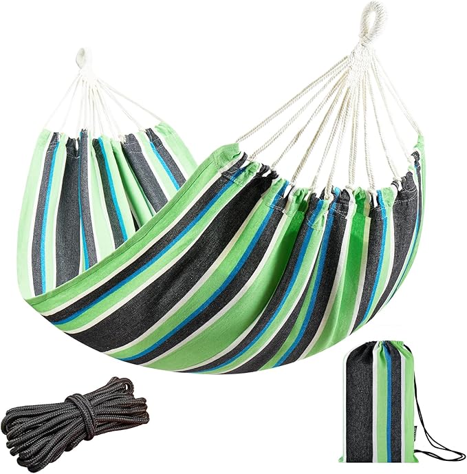 JoyView Brazilian Hammock for Single Preson - 78.8x39.4” Portable Cotton Hammock with Hanging Ropes & Carry Bag Large for Patio 300LBS Capacity Perfect for Outdoor/Indoor - Green/Black Stripe