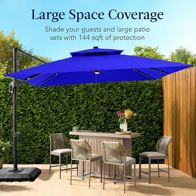 Best Choice Products 12x12ft LED Cantilever Patio Umbrella w/Base Included & 360° Rotation, Large Solar Offset Hanging Outdoor Sun Shade for Deck, Backyard Table w/Stand & Lights – Resort Blue