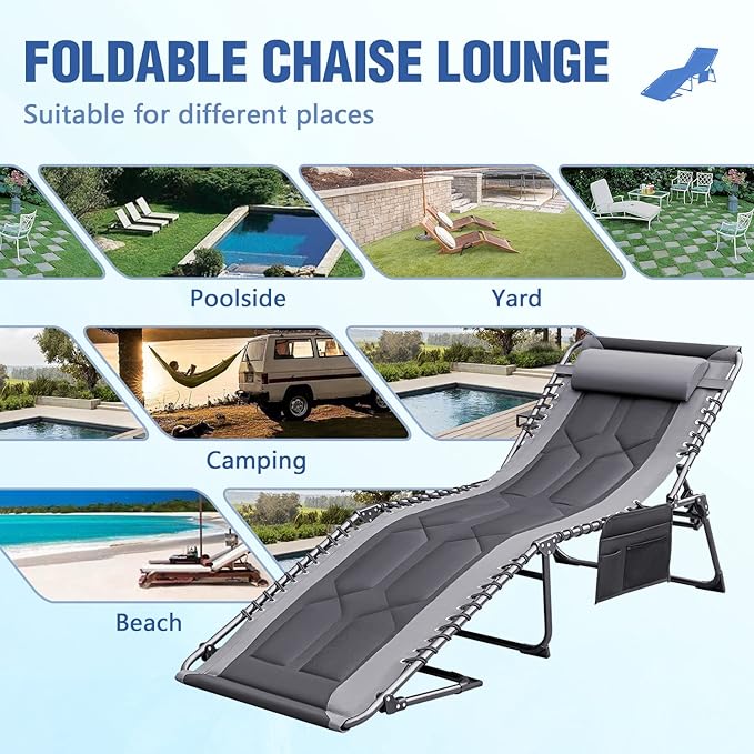 Devoko 4-Fold Padded Portable Folding Outdoor Chaise Lounge Heavy Duty Reclining Chair with Pillow & Side Pocket for Patio, Beach, Pool, Camping, Sunbathing (Gray)