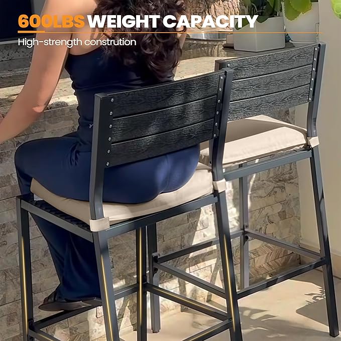 Crestlive Products Outdoor Bar Stools Set of 2, Patio Counter Height Barstools with Cushions, Tall Chairs with Back and Footrest for Deck, Lawn, Garden, Backyard, Poolside, Or Indoor Use (Beige)
