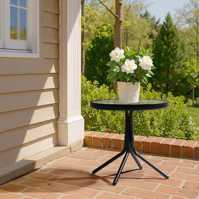 VINGLI Outdoor Side Table, 18" Patio Table Steel Frame Tempered Glass Top, Weatherproof Small Tables for Balcony Garden Poolside (Black, Round)