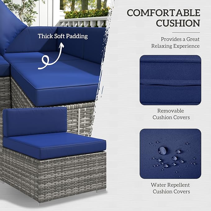 Outsunny 7 Piece Patio Furniture Set, Wicker Outdoor Sectional Sofa Set, All Weather PE Rattan Outdoor Furniture Conversation Sets with Cushions, Glass Top Coffee Table, Pillows, Blue