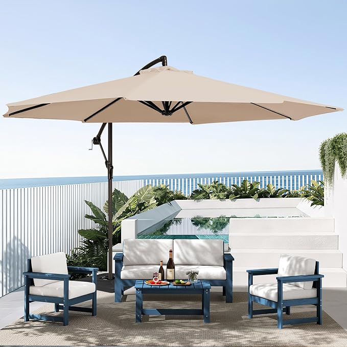 SERWALL 4 Pieces HDPE Outdoor Sofa Set with 10FT Patio Umbrella, All Weather Use Loveseat Furniture Sofa Set, Outdoor Conversation Couch with Coffee Table for Patio, Blue Frame with Khaki Cushions