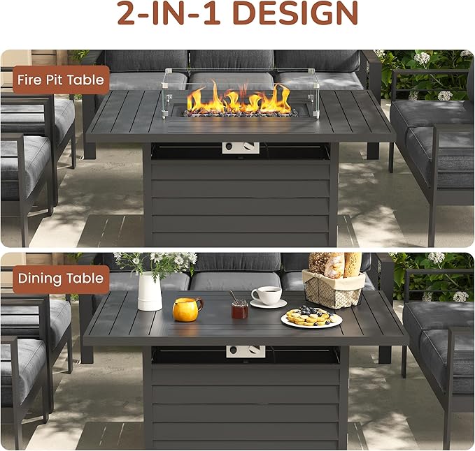 Solaste Aluminum Patio Furniture Set with 55" Fire Pit Table, 7 Seats Metal Outdoor Furniture with Water-Resistant Cushions, Modern Patio Conversation Set for Balcony, Front Porch, and Backyard, Grey
