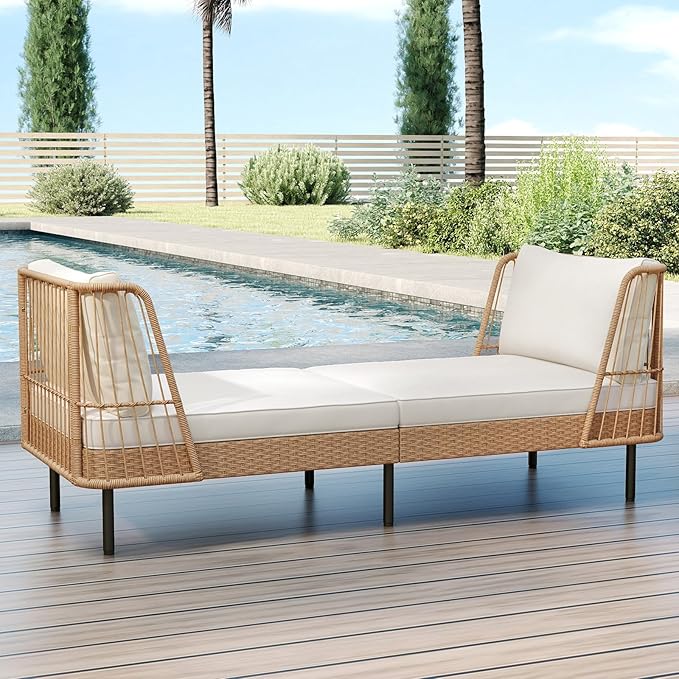 Tangkula Patio Rattan Daybed, Boho Outdoor Wicker Lounge Sofa with Seat & Back Cushions, 2-Seat Bench Sun Lounger Chair with Robust Metal Legs for Deck, Backyard, Porch, Poolside (1, Off White)