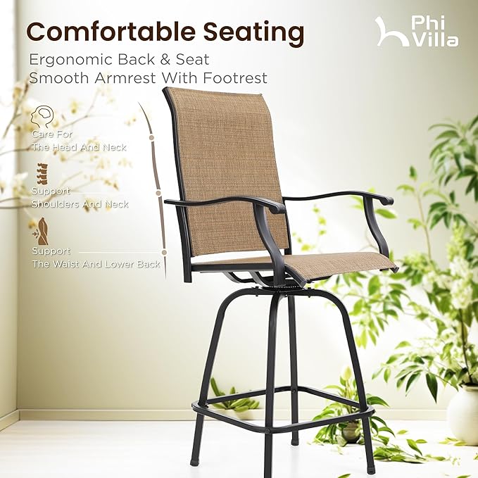 PHI VILLA Outdoor Bar Set for 6, High Top Patio Table and Chairs with Outdoor Swivel Bar Stools for Yard and Garden