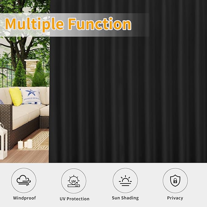 Easy-Going Outdoor Patio Curtains Detachable Tab Top Windproof Weatherproof Curtain for Cabana, Porch, Pergola and Gazebo, Tab Bottom Drape, 2 Panels, 110W x 96L inch, Black