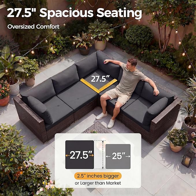 NICESOUL Extra Large Size Patio Furniture Set with Firepit Natural Gas/Propane, 6 Seater Modern Luxury Outdoor Sofa Set, 29.3'' High Backrest Backyard Sitting, Brown Rattan and Dark Grey Cushion