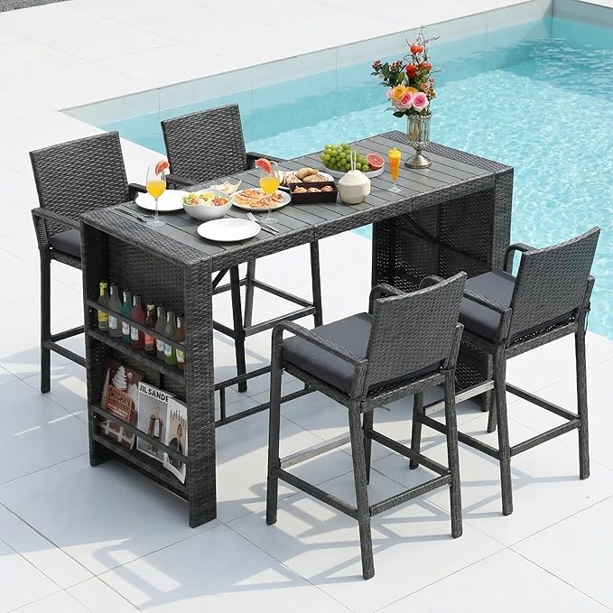 NICESOUL Wicker Outdoor Bar Set 5 Piece, 76" High Top Rattan Bar Table and Chairs Set of 4, Patio Counter Height Dining Table and Stools with Armrest & Cushions for Outside Backyard Poolside, Gray