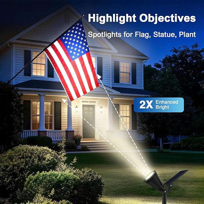 Solar Lights Outdoor Waterproof IP65,6500K Super Bright LED,2 Lighting Modes, Solar Powered Yard Garden Solar Spot Lights for Flag Landscape Auto On/Off-8 Pack