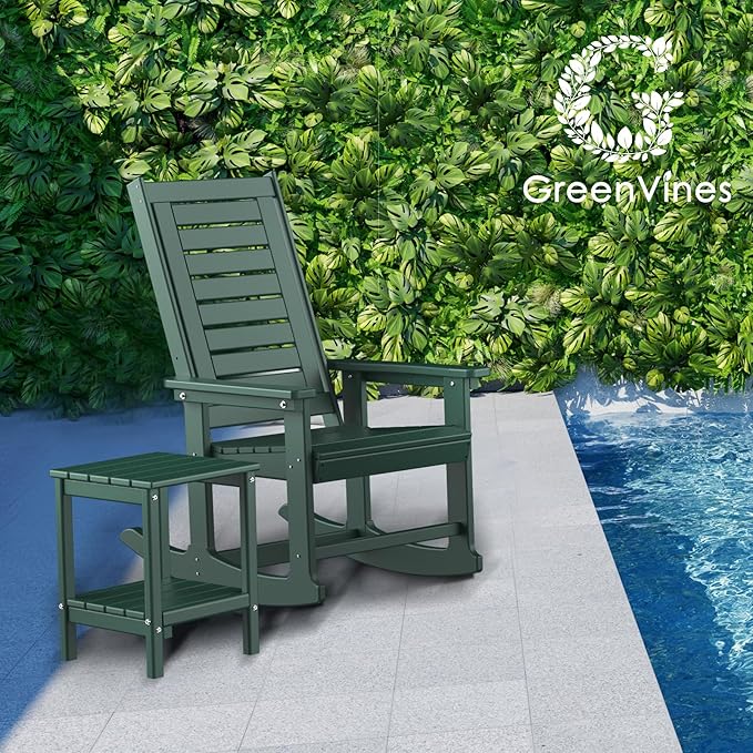 GREENVINES Outdoor Rocking Chair Set | 3-Piece | 2 Rocking Chairs with 1 Side Table | Porch Rocker | HDPE Plastic | Forest | Patio Furniture Sets | High Back | Big & Tall | Ladder Back