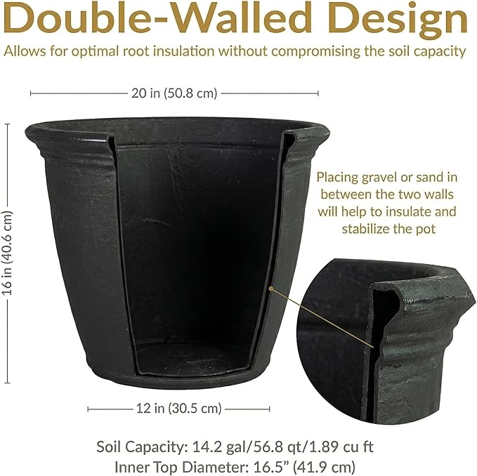 Sunnydaze 20-Inch Anjelica Large Plastic Pot for Plants - Outdoor Double-Walled Large Plastic Planter with Drillable Drainage Holes - Matte Black