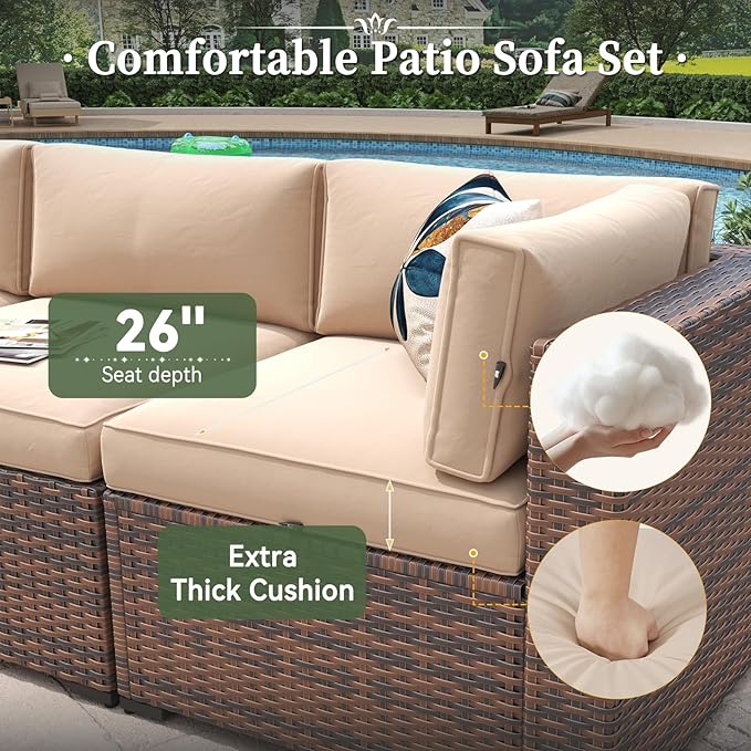 Aoxun 14 Piece Patio Furniture Set Wicker Rattan Patio Conversation Set Outdoor Sectional Sofa Set with Coffee Table and Thickened Cushions, Beige(Waterproof Cover Included)