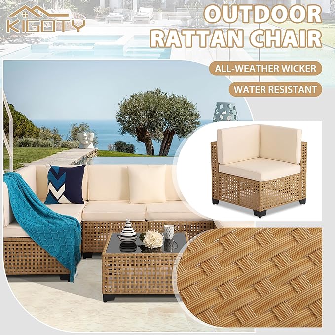 KIGOTY Patio Furniture Set,7 Pieces Modular Outdoor Sectional Sofa, PE Rattan Patio Conversation Set, All Weather Wicker Patio Furniture with Cushions and Coffee Table（Yellow/White）