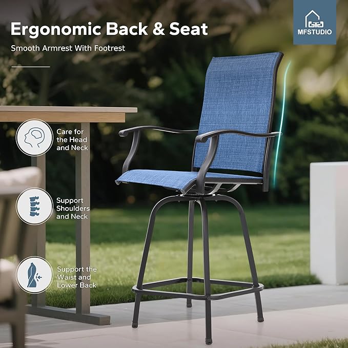 MFSTUDIO Outdoor Bar Stools Set of 6, Swivel Bar Height Patio Chairs Outdoor Barstools High Top Patio Swivel Bar Chairs, Breathable Textilene, Navy Blue