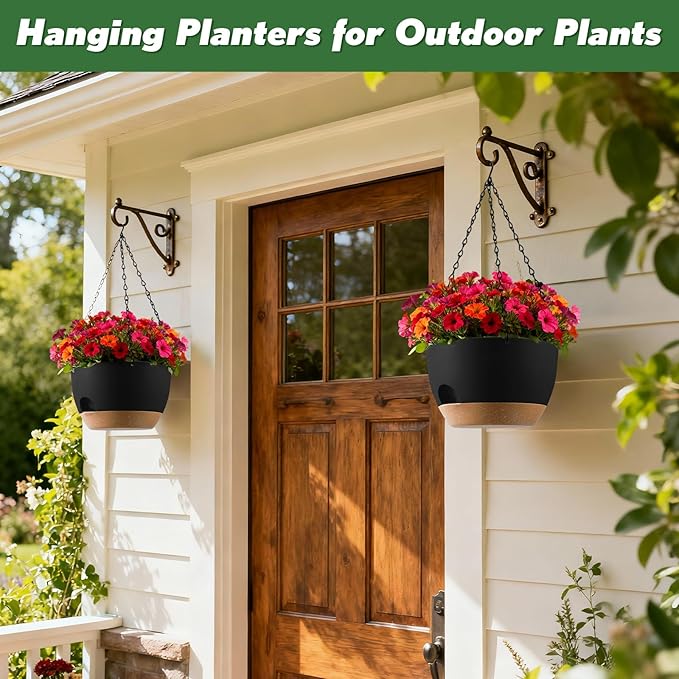 4-Piece Set of 8-Inch Hanging Planters with Automatic Watering System and Drip Tray, Includes Metal Chain, Suitable for Various Indoor and Outdoor Plants and Flowers, Black-Brown