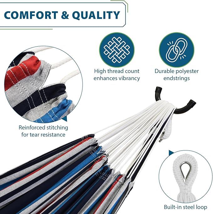 Vivere Double Cotton Hammock with Space Saving Steel Stand, Upgraded Polyester End Strings 450 lb Capacity - Premium Carry Bag Included - (Denim)