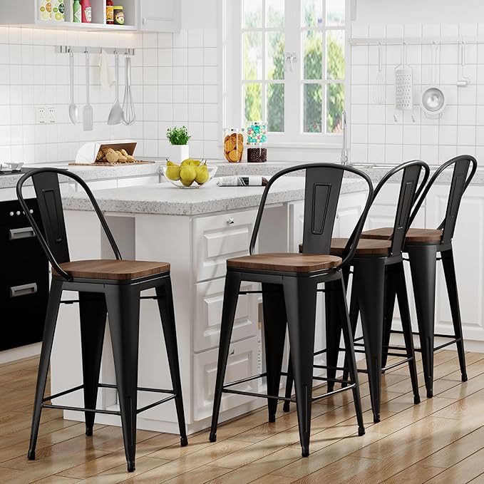 Yongqiang 26 inch Bar Stools Set of 4 Black Metal Counter Height Stools Modern Farmhouse Kitchen Island Barstools Bar Chairs with Large Wooden Seat, High Back