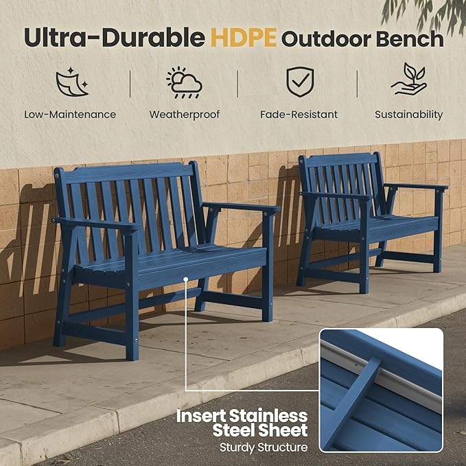 Ciokea 49" Heavy Duty Outdoor Bench Set of 2, HDPE Weatherproof Garden Bench, 2-Person Memorial Benches with 660 Lbs, Waterproof Patio Porch Benches for Outside Business Office Backyard, Navy Blue