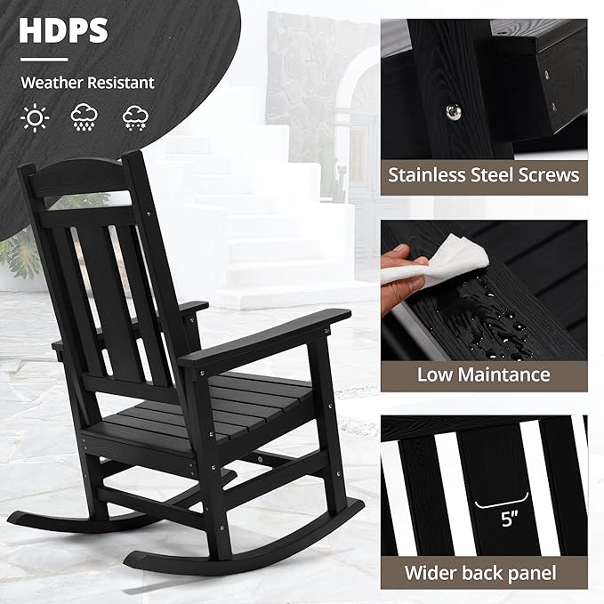 LUE BONA Rocking Chair Outdoor, Weather Resistant Poly Plastic Rocker Chairs, 350lb Heavy Duty, Oversized Porch for Adult, High Back Smooth Chairs Outdoor & Indoor, Black