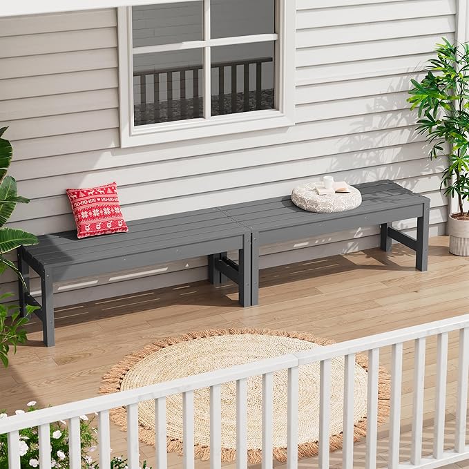SERWALL 47 Inches Outdoor Bench Set of 2, All Weather HDPE Backless Bench with Wood Grain Texture for Garden Porch and Park, Curved Bench Seat for Comfort, Grey