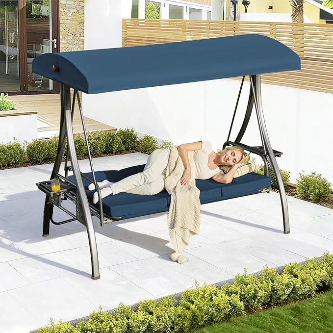 Upgrade 180° Convertible Outdoor Swing for Adults, Outdoor Porch Swing with Stand 800lb Bearing Capacity, 3-Seat Outdoor Swing with Canopy Adjustable, Thickened Cushions (Square, Blue)