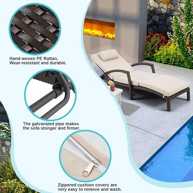 HOMREST Chaise Lounge Chairs Set of 2 for Outside, Adjustable 5 Position Outdoor PE Rattan Wicker Patio Pool Lounge Chair with Arm, Cushion, Pillow and Wheels for Poolside Backyard Deck Porch,Khaki