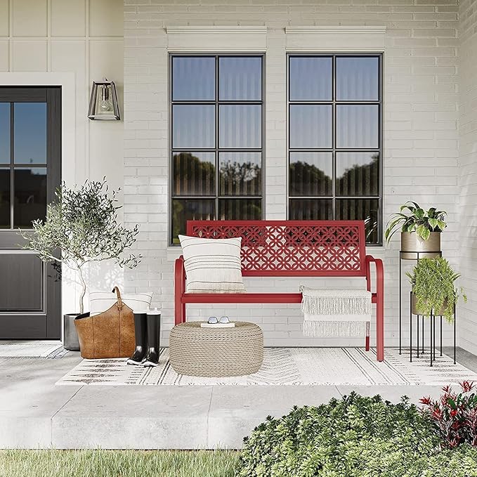 Grand patio Garden Bench, Outdoor Benches with Anti-Rust Metal Powder Coated Frame, Patio Bench for Front Porch Park Outside Furniture Decor, Cherry Red