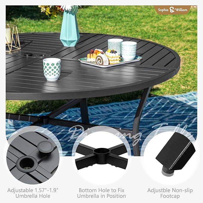 Sophia and William Swivel Patio Dining Set for 6, Outdoor Table and Chairs, Removable Seat Cushions, Black 54" Round Patio Dining Table,Blue