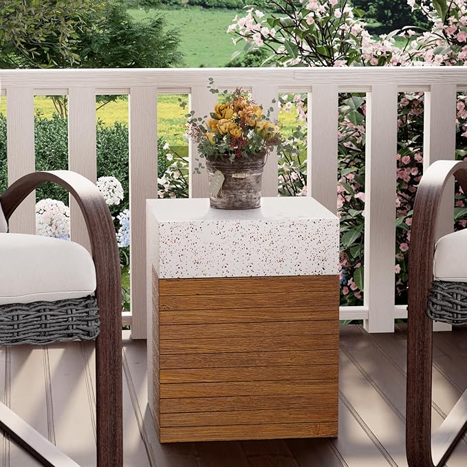 COSIEST Concrete Side Table, Rectangular Outdoor End Table w Faux Wood Design,15''Patio Side Tables End Table, Outdoor Accent Side Tables for Garden and Patio, Terrazzo