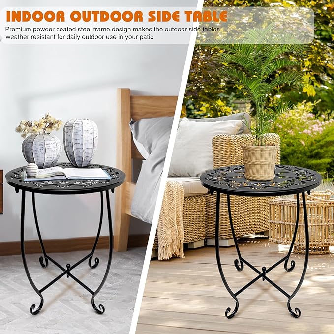 Fashion&cool Patio Side Tables, 14 Inch Weather Resistant Metal Outdoor Side Table for Halloween, Round End Table Side Table for Patio Yard Porch Balcony Garden Bedside, Plant Stand (Black)