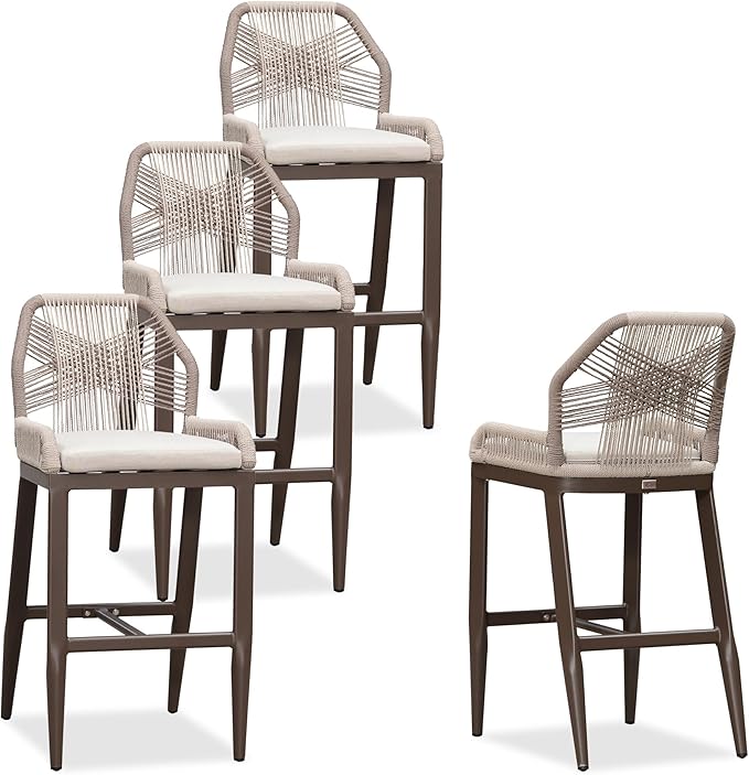 PURPLE LEAF Patio Bar Stool Bar Height Set of 4 Outdoor Rattan Chairs with Back Modern Aluminum Woven Barstools for Garden Indoor Kitchen Coffee