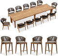 PURPLE LEAF 13-Piece Patio Dining Set Outdoor Furniture Rectangular Table and Chairs Set with Aluminum Frame and Teak-Finish for Garden Deck Backyard Kitchen Deep Teak Outdoor Set with Counter Stools