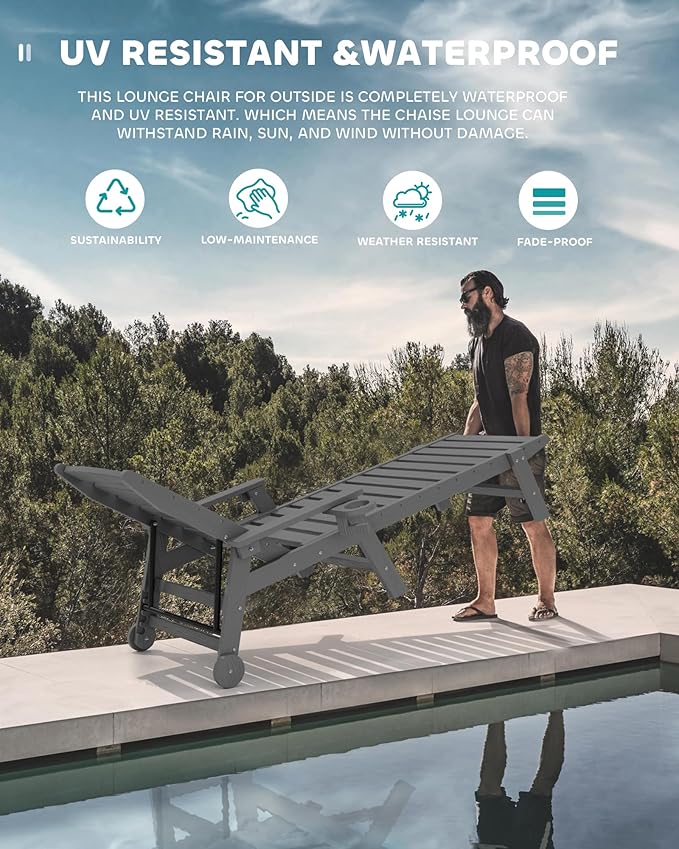 SERWALL Patio Chaise Lounge Chair, 78'' Long HDPE 5 Positions Adjustable Outdoor Lounger, Poly Lounge Chair with Rolling Wheels & Cup Holder for Pool, Slate Gray