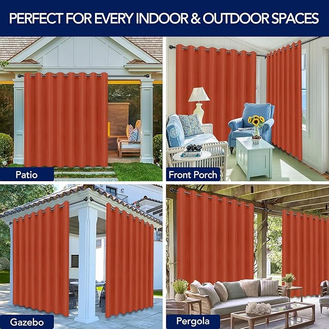 PureFit Outdoor Curtains for Patio Waterproof Weatherproof, UV Resistant Outside Curtains for Gazebo, Front Porch, Pergola, Sun Blocking Privacy Curtain, 120W x 95L inch, 1 Panel, Red Clay