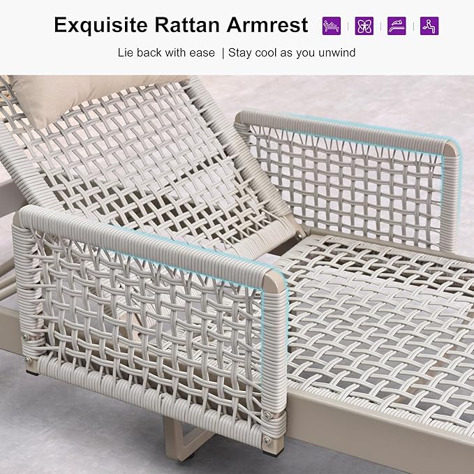 PURPLE LEAF 3 Pieces Outdoor Chaise Lounge Set Rattan Wicker Lounger with Arms Poolside Furniture Adjustable Recliners Patio Lounge Chairs for Beach Yard Garden Balcony, Champagne