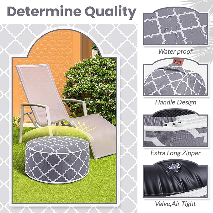 Juexica 2 Pack Outdoor/Indoor Inflatable Ottoman, All Weather Round Pouf with Handle D21 x H9, Water Repellent Portable Footstool Pouf for Patio Garden Camping or Home