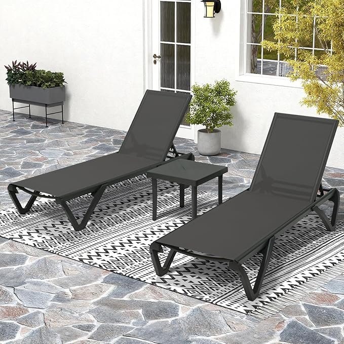 Domi Pool Lounge Chairs Set of 2 with Side Table, Aluminum Adjustable Outdoor Chaise Lounge with Wheels, All Weather Poolside Chairs for Deck Lawn Patio Backyard, Textilene- Dark Gray